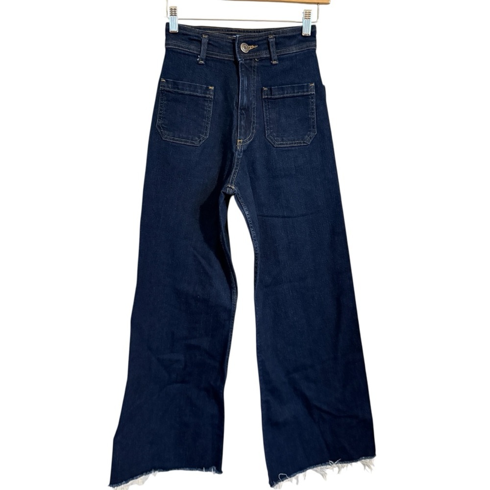 ZARA Trinny Jeans Womens Extra Wide Leg Flare Raw Hem Dark Denim Women’s Size 2